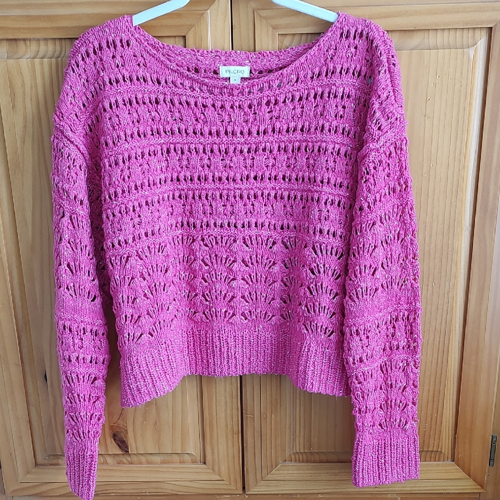 PILCRO by Anthropologie Cropped Crochet Pink Sweater NEW